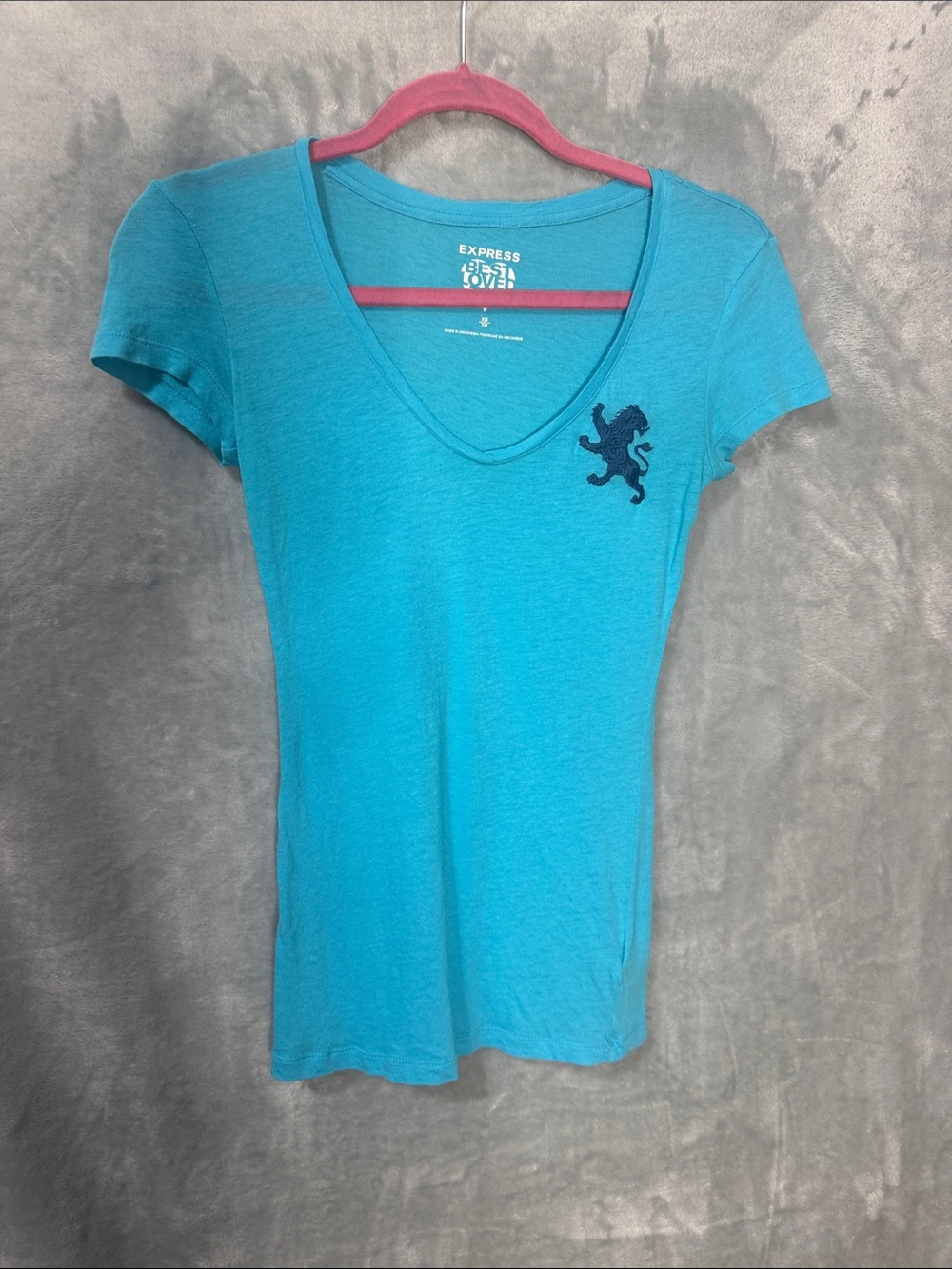 Express Turquoise V-Neck Short Sleeve Tee with Embroidered Crest